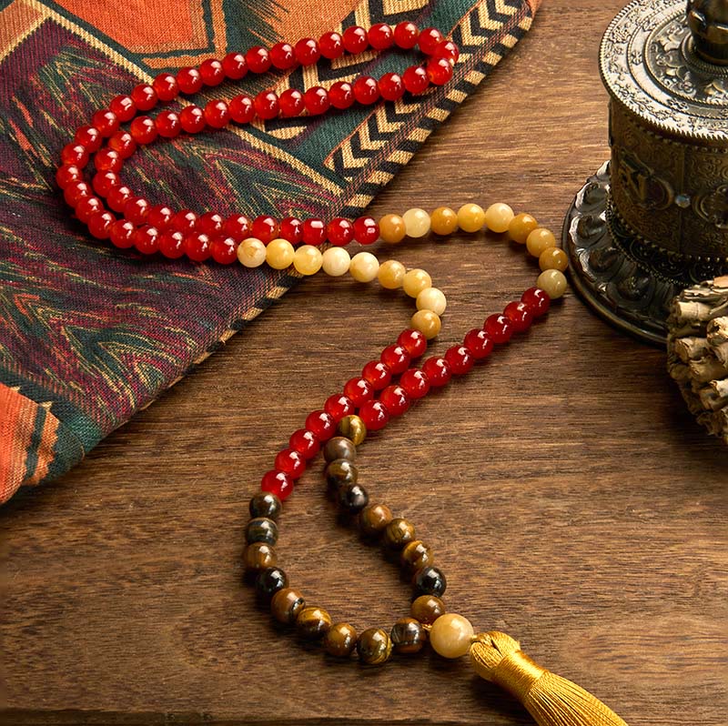 Buddha Stones 108 Mala Beads Red Agate Tiger Eye Yellow Tassel Calm Bracelet