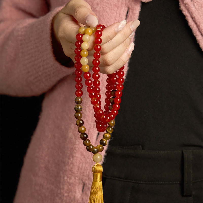 Buddha Stones 108 Mala Beads Red Agate Tiger Eye Yellow Tassel Calm Bracelet