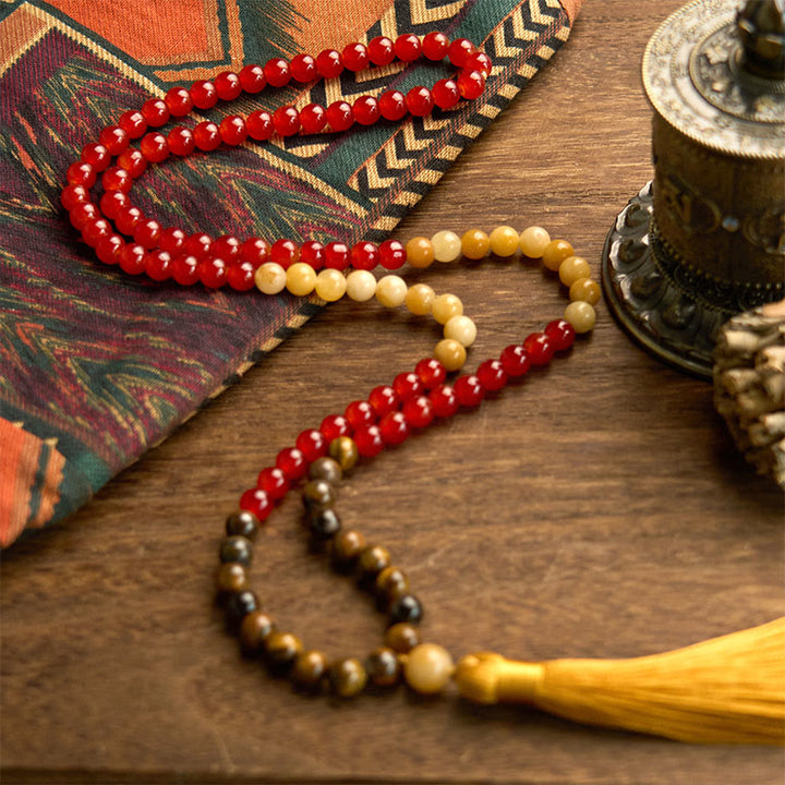 Buddha Stones 108 Mala Beads Red Agate Tiger Eye Yellow Tassel Calm Bracelet