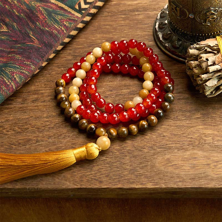 Buddha Stones 108 Mala Beads Red Agate Tiger Eye Yellow Tassel Calm Bracelet