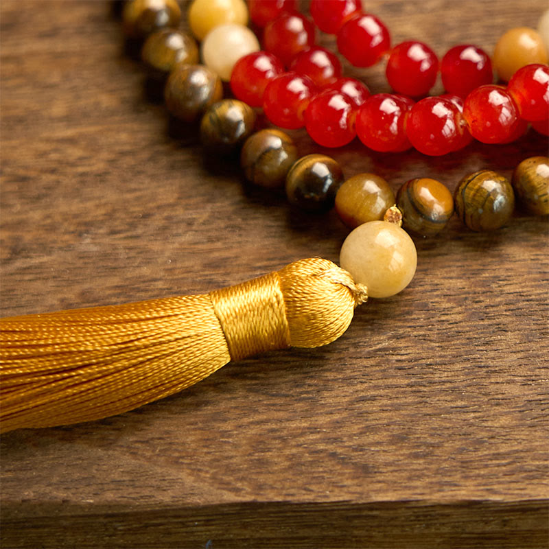 Buddha Stones 108 Mala Beads Red Agate Tiger Eye Yellow Tassel Calm Bracelet