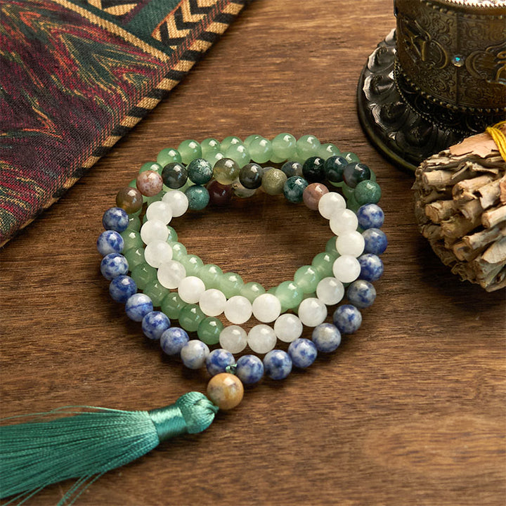 Buddha Stones 108 Mala Beads Natural Green Aventurine Blue Spot Jasper Indian Agate Green Tassel Luck Bracelet