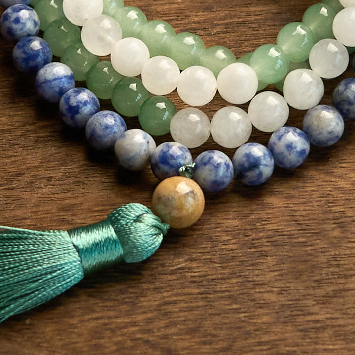 Buddha Stones 108 Mala Beads Natural Green Aventurine Blue Spot Jasper Indian Agate Green Tassel Luck Bracelet