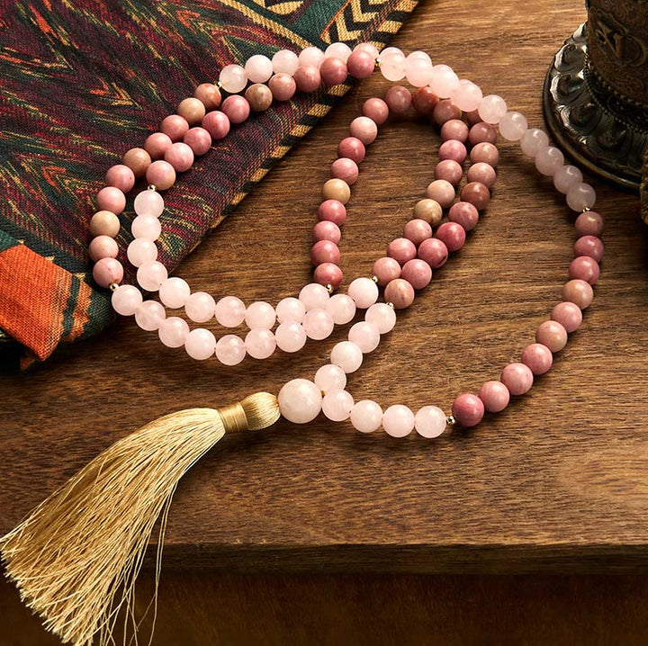 Buddha Stones 108 Mala Beads Rhodonite Rose Quartz Tassel Healing Bracelet