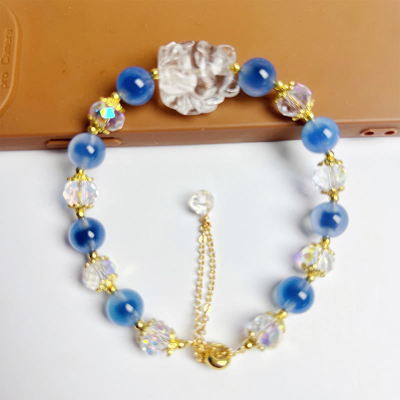 Buddha Stones Natural Blue Candy Agate White Crystal Nine Tailed Fox Harmony Bracelet