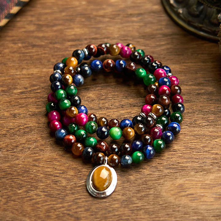 Buddha Stones 108 Mala Beads Natural Colorful Tiger Eye Stone Multi-turn Protection Bracelet