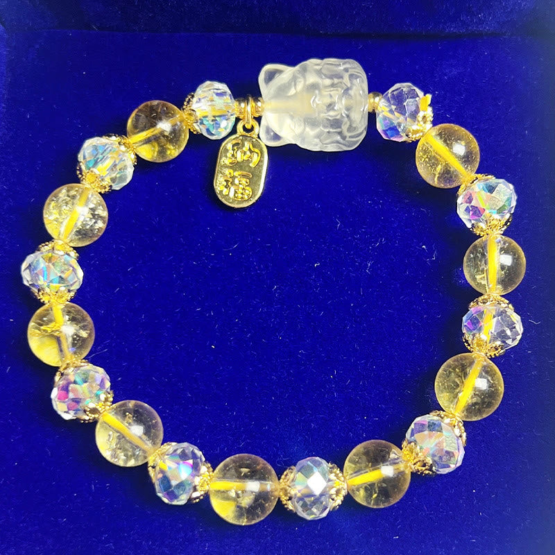 Buddha Stones Natural Citrine White Crystal Nine Tailed Fox Attracting Wealth Charm Energy Bracelet