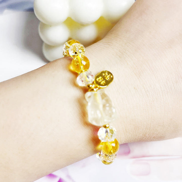 Buddha Stones Natural Citrine White Crystal Nine Tailed Fox Attracting Wealth Charm Energy Bracelet