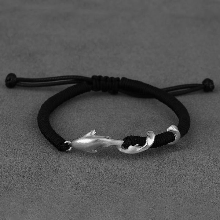 Buddha Stones 999 Sterling Silver Shark Black Wax Rope Protection Bracelet