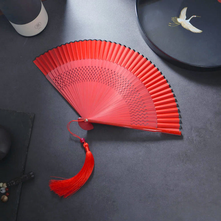 Buddha Stones Flower Rabbit Spray Painting Handheld Cotton Linen Fabric Bamboo Folding Fan - Hollow Red 21cm - image 1