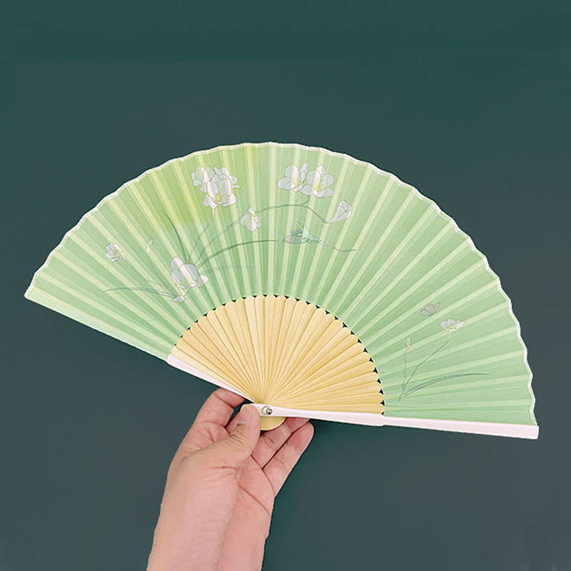 Buddha Stones Orchid Begonia Flower Handheld Cotton Linen Fabric Bamboo Folding Fan