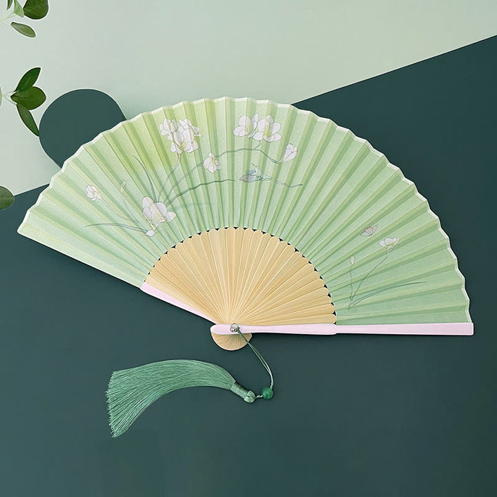 Buddha Stones Orchid Begonia Flower Handheld Cotton Linen Fabric Bamboo Folding Fan