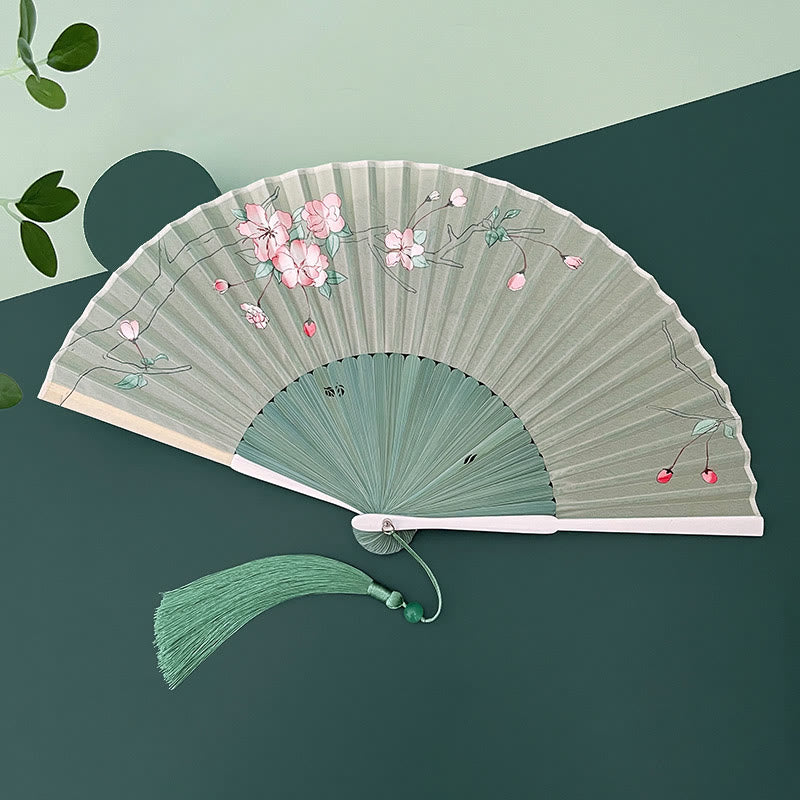 Buddha Stones Orchid Begonia Flower Handheld Cotton Linen Fabric Bamboo Folding Fan