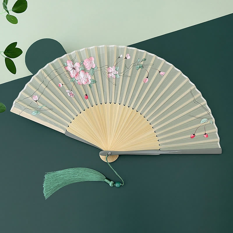 Buddha Stones Orchid Begonia Flower Handheld Cotton Linen Fabric Bamboo Folding Fan