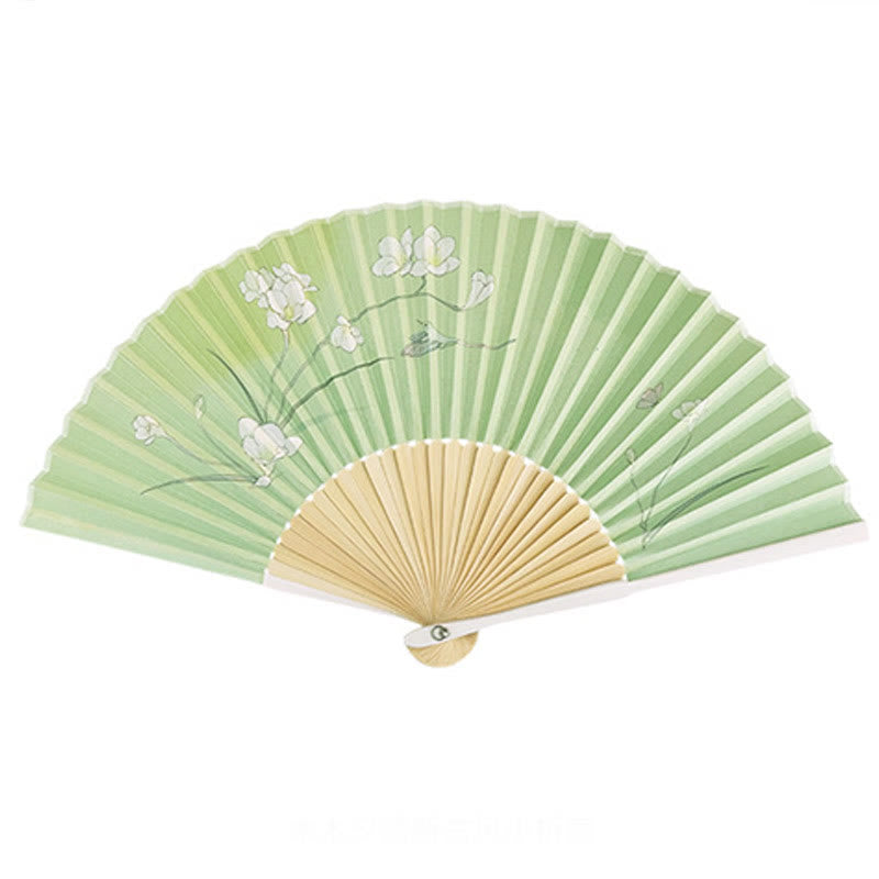 Buddha Stones Orchid Begonia Flower Handheld Cotton Linen Fabric Bamboo Folding Fan