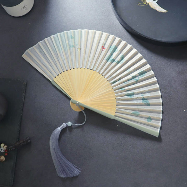 Buddha Stones Gardenia Cherry Blossom Moon Handheld Polyester Bamboo Folding Fan 21cm