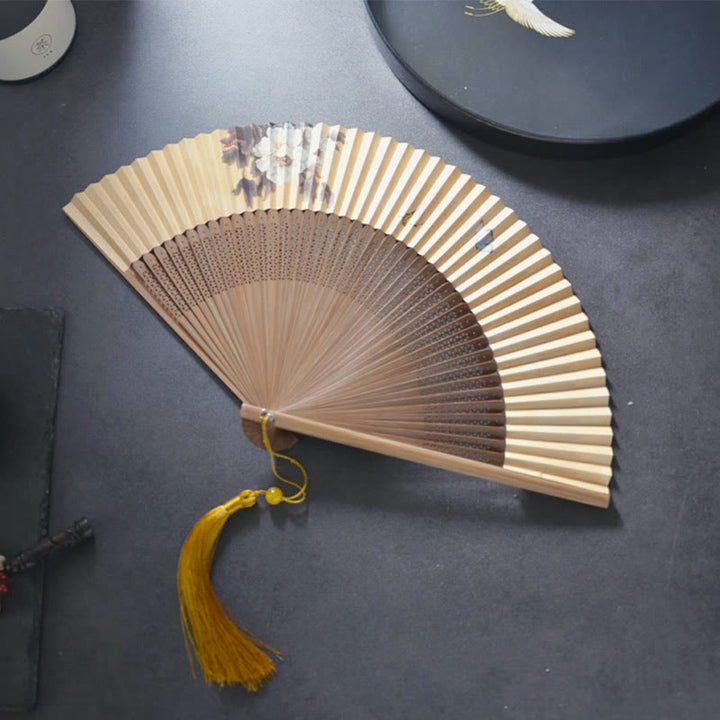 Buddha Stones Lotus Dragonfly Peony Butterfly Handheld Paper Bamboo Folding Fan 22.5cm