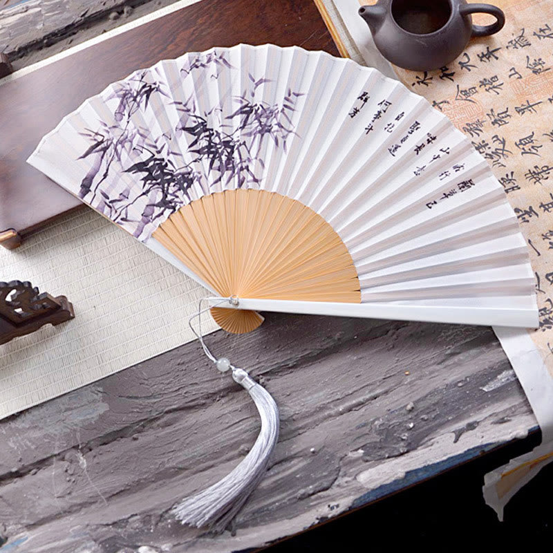 Buddha Stones Chinese Characters Ink Painting Lotus Flower Leaf Landscape Handheld Huayao Crepe Polyester Bamboo Folding Fan 23.3cm