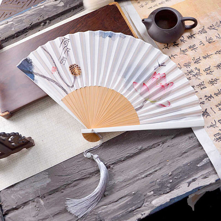 Buddha Stones Chinese Characters Ink Painting Lotus Flower Leaf Landscape Handheld Huayao Crepe Polyester Bamboo Folding Fan 23.3cm