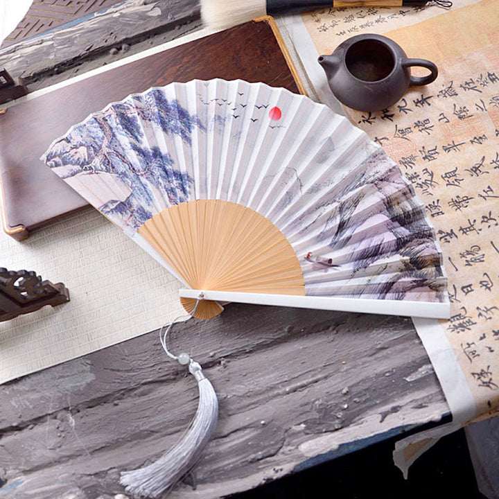 Buddha Stones Chinese Characters Ink Painting Lotus Flower Leaf Landscape Handheld Huayao Crepe Polyester Bamboo Folding Fan 23.3cm