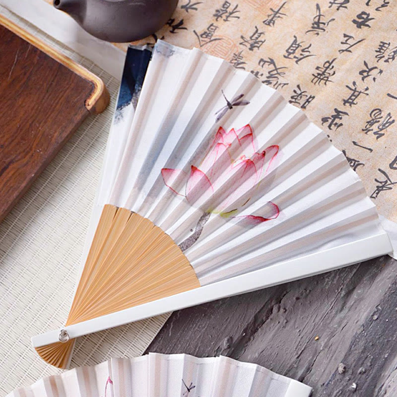 Buddha Stones Chinese Characters Ink Painting Lotus Flower Leaf Landscape Handheld Huayao Crepe Polyester Bamboo Folding Fan 23.3cm