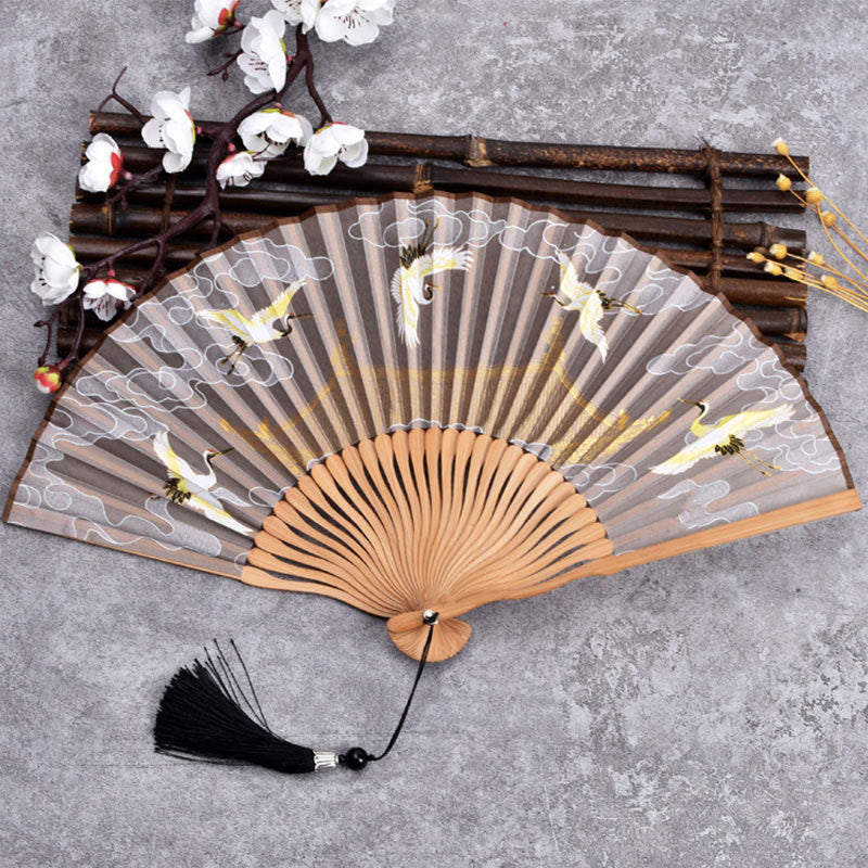 Buddha Stones Cranes Auspicious Clouds Solid Color Gradient Handheld Cotton Linen Fabric Bamboo Folding Fan