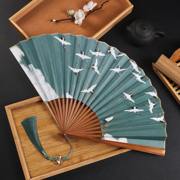 Buddha Stones Cranes Auspicious Clouds Solid Color Gradient Handheld Cotton Linen Fabric Bamboo Folding Fan