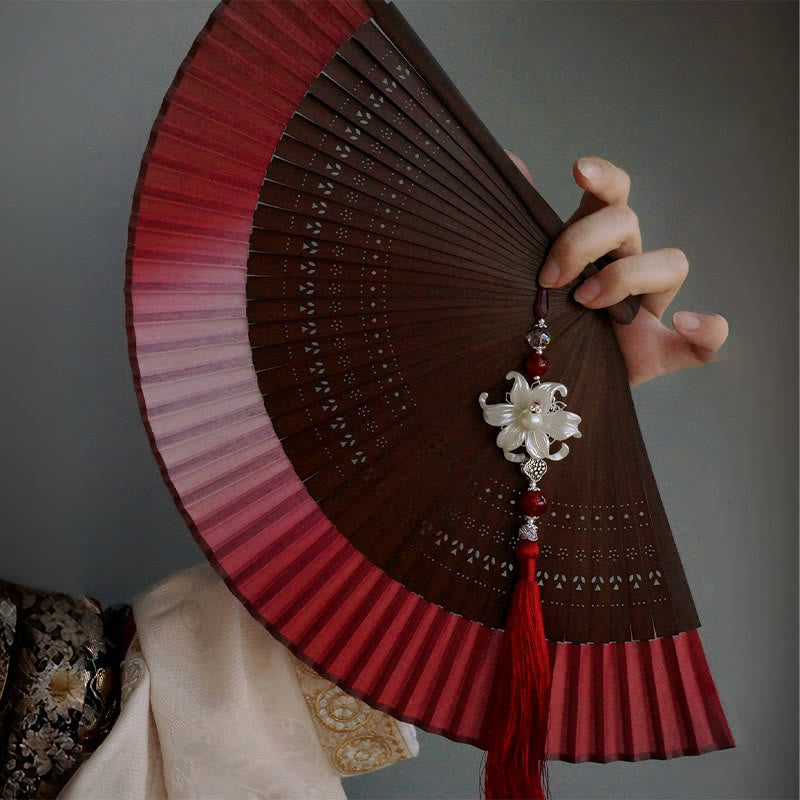 Buddha Stones Red Lily Tassel Hollow Rib Silk Handheld Bamboo Folding Fan - image 0