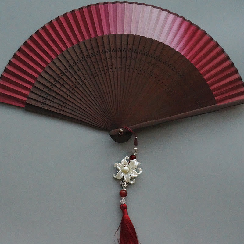 Buddha Stones Red Lily Tassel Hollow Rib Silk Handheld Bamboo Folding Fan - image 1