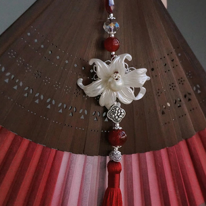 Buddha Stones Red Lily Tassel Hollow Rib Silk Handheld Bamboo Folding Fan - image 12