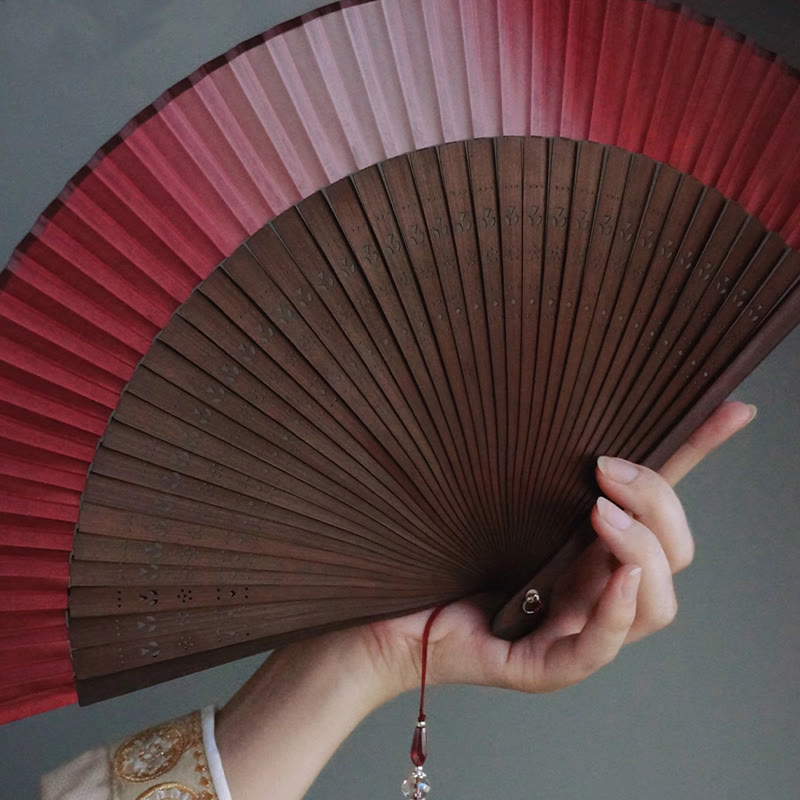 Buddha Stones Red Lily Tassel Hollow Rib Silk Handheld Bamboo Folding Fan - image 5