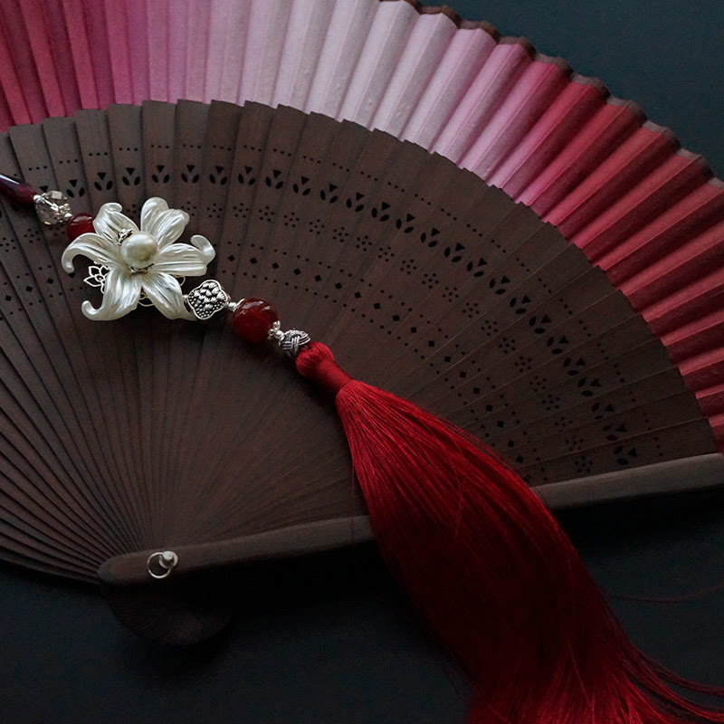 Buddha Stones Red Lily Tassel Hollow Rib Silk Handheld Bamboo Folding Fan - image 9