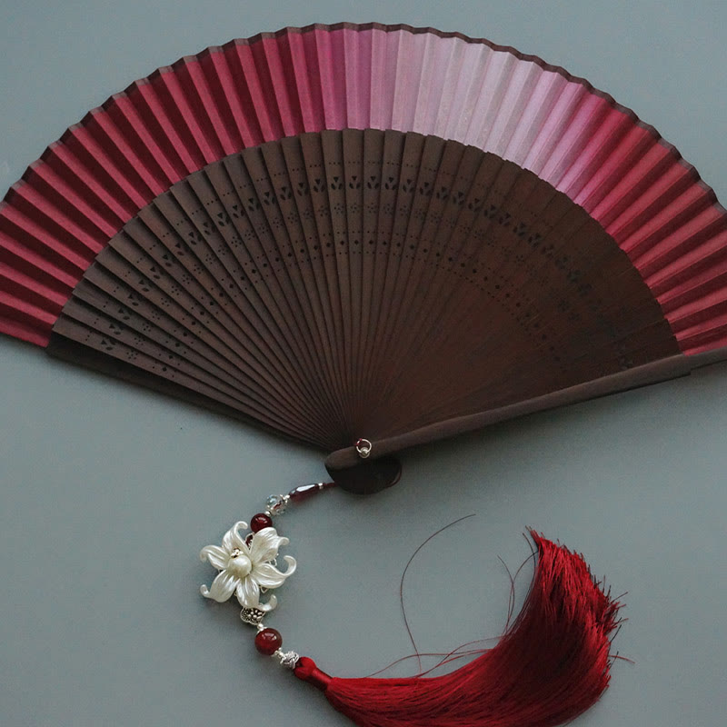 Buddha Stones Red Lily Tassel Hollow Rib Silk Handheld Bamboo Folding Fan - image 2