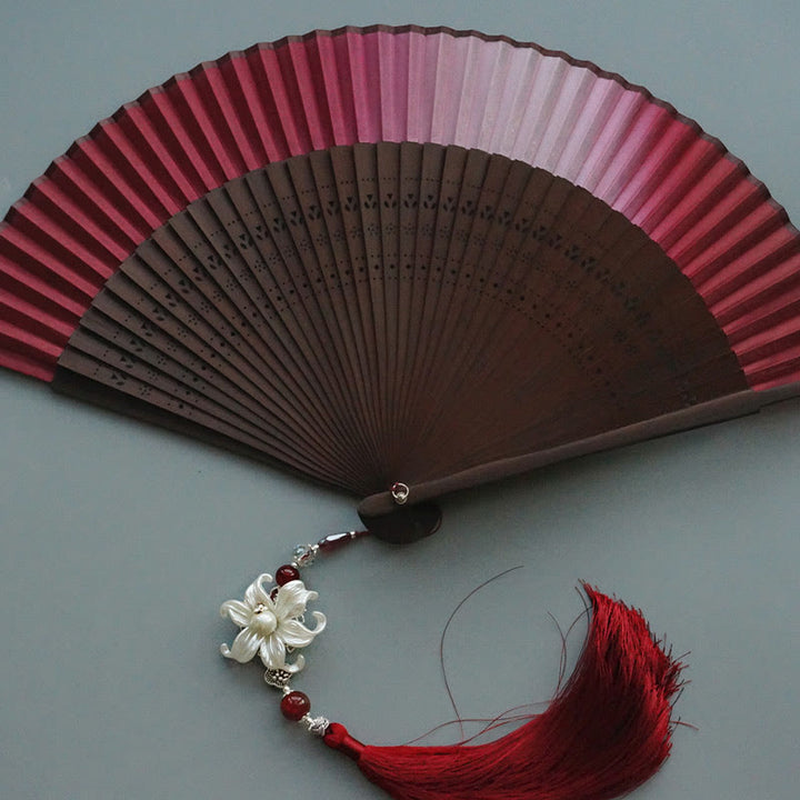 Buddha Stones Red Lily Tassel Hollow Rib Silk Handheld Bamboo Folding Fan - image 2