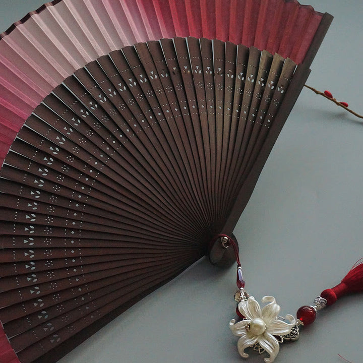 Buddha Stones Red Lily Tassel Hollow Rib Silk Handheld Bamboo Folding Fan - image 14