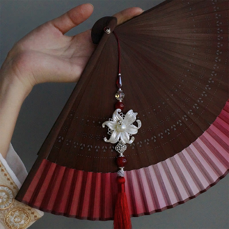 Buddha Stones Red Lily Tassel Hollow Rib Silk Handheld Bamboo Folding Fan - image 8