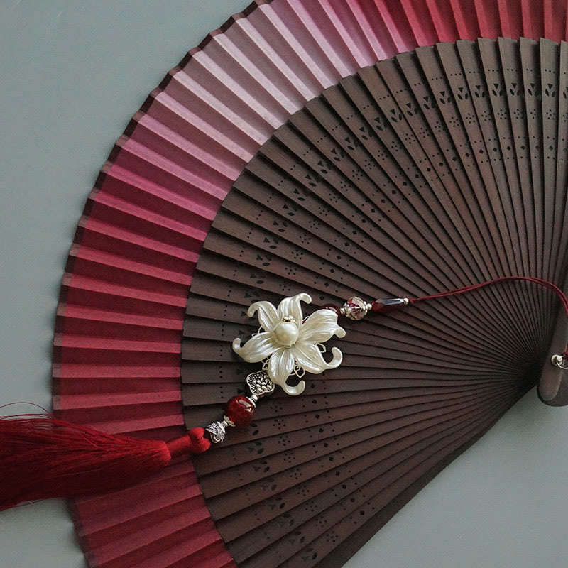 Buddha Stones Red Lily Tassel Hollow Rib Silk Handheld Bamboo Folding Fan - image 7