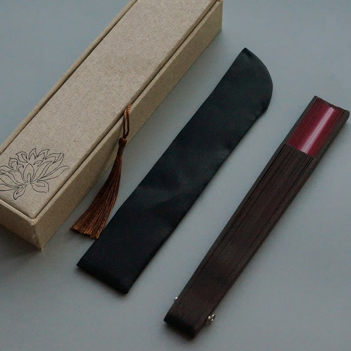 Buddha Stones Red Lily Tassel Hollow Rib Silk Handheld Bamboo Folding Fan - Red 22cm-With Brocade Box & Fan Cover (Pre-Sale) - image 3