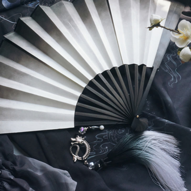 Buddha Stones Black White Ink Gradient Rice Paper Handheld Bamboo Folding Fan - image 8