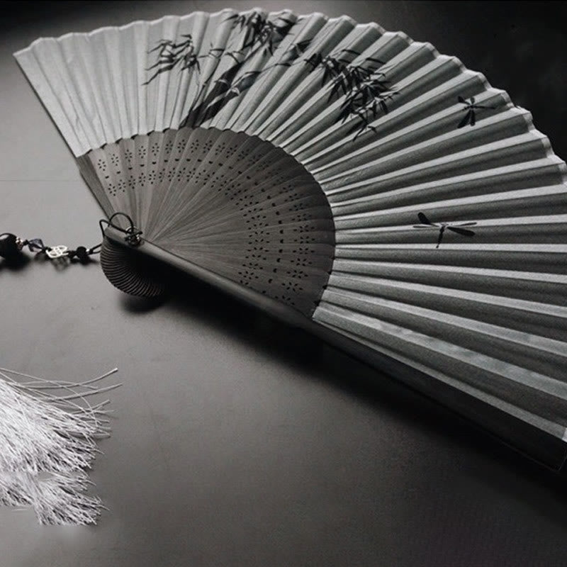 Buddha Stones Ink Bamboo Polyester Handheld Bamboo Folding Fan - image 8