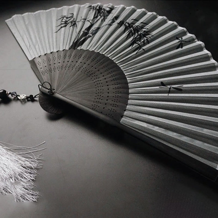 Buddha Stones Ink Bamboo Polyester Handheld Bamboo Folding Fan - image 8