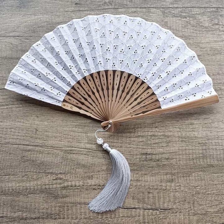 Buddha Stones Solid Color Hollow Flowers Embroidery Cotton Fabric Handheld Bamboo Folding Fan