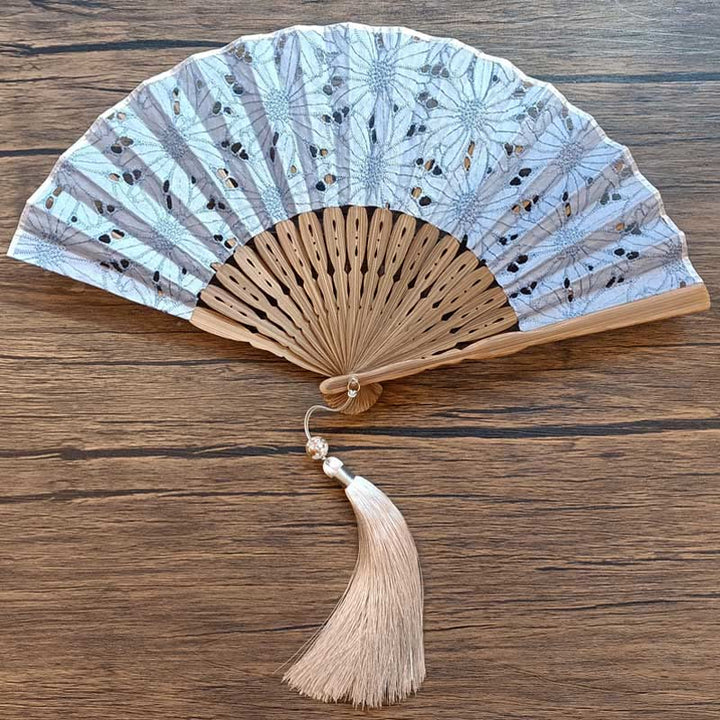 Buddha Stones Solid Color Hollow Flowers Embroidery Cotton Fabric Handheld Bamboo Folding Fan