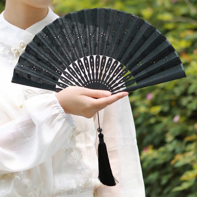 Buddha Stones Solid Color Hollow Flowers Embroidery Cotton Fabric Handheld Bamboo Folding Fan