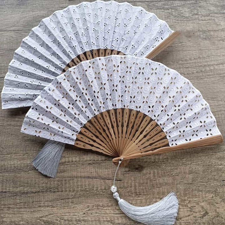 Buddha Stones Solid Color Hollow Flowers Embroidery Cotton Fabric Handheld Bamboo Folding Fan