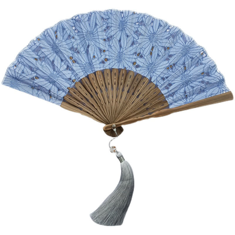 Buddha Stones Solid Color Hollow Flowers Embroidery Cotton Fabric Handheld Bamboo Folding Fan