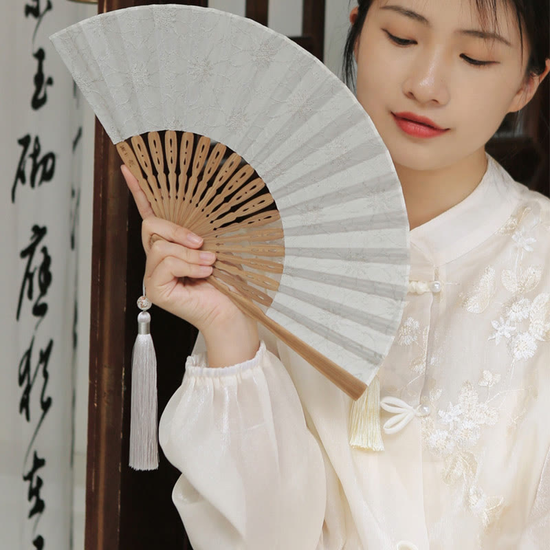 Buddha Stones Solid Color Hollow Flowers Embroidery Cotton Fabric Handheld Bamboo Folding Fan