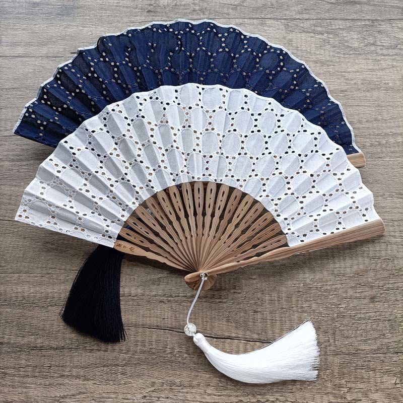 Buddha Stones Solid Color Hollow Flowers Embroidery Cotton Fabric Handheld Bamboo Folding Fan