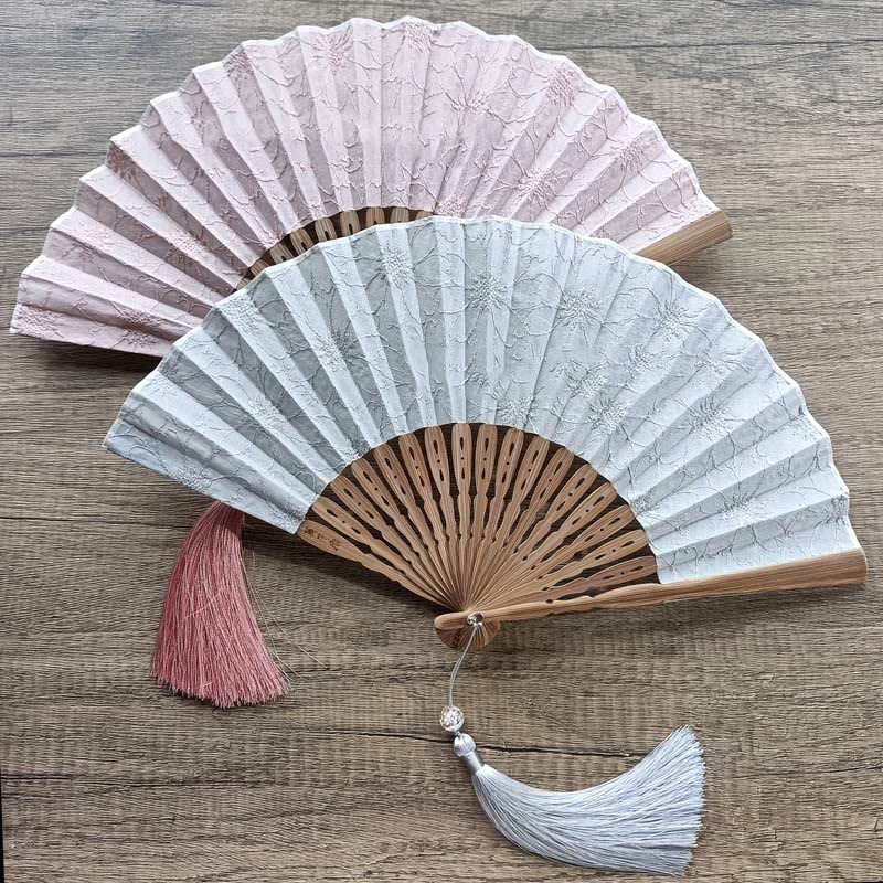 Buddha Stones Solid Color Hollow Flowers Embroidery Cotton Fabric Handheld Bamboo Folding Fan