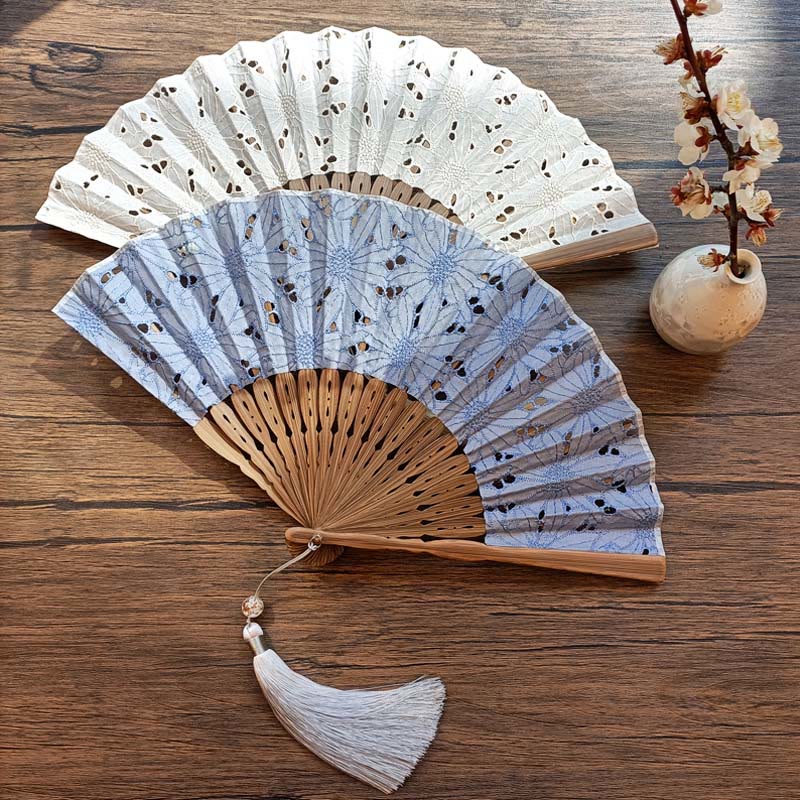 Buddha Stones Solid Color Hollow Flowers Embroidery Cotton Fabric Handheld Bamboo Folding Fan